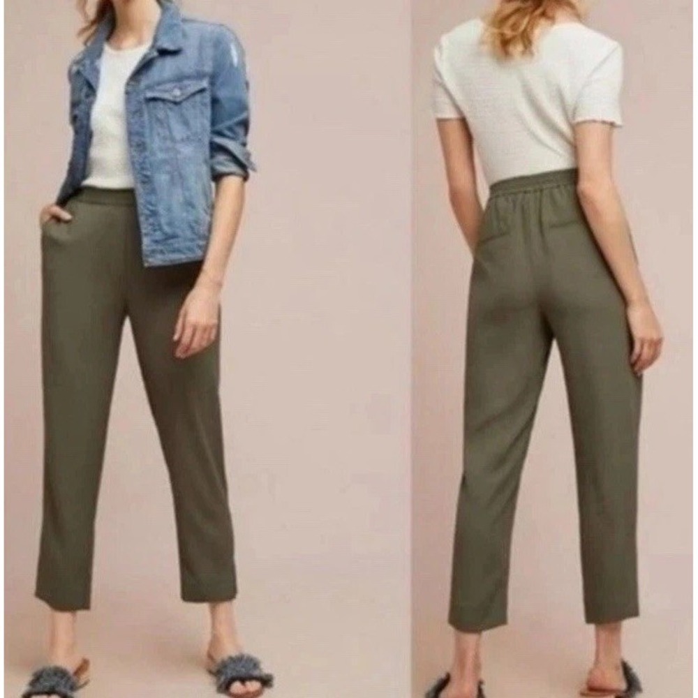 Anthropologie Pull-On Crop Trouser Pants Olive‎ Green Stretch Waist Sz Small EC